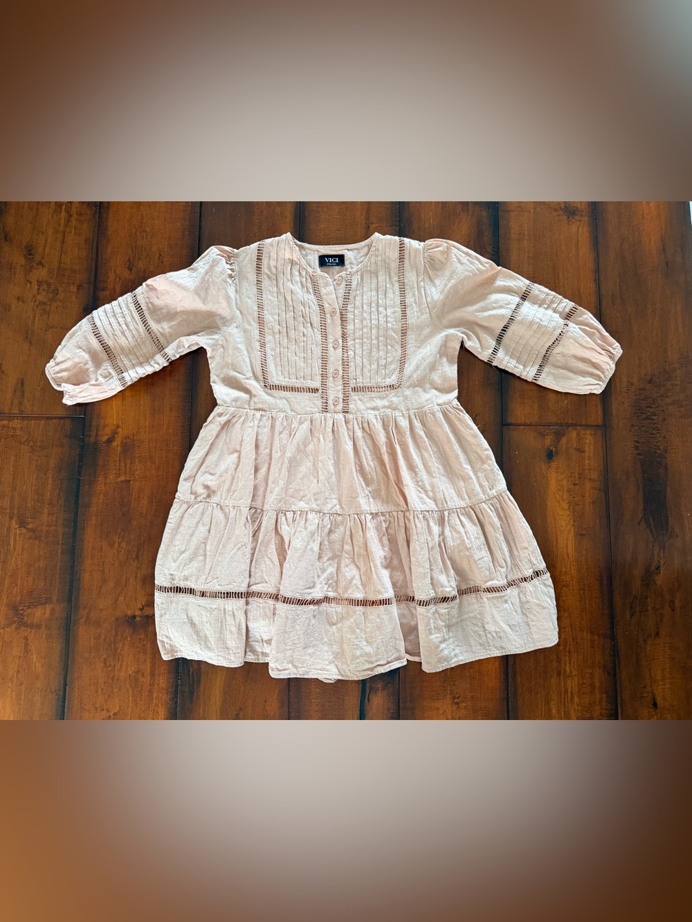 VICI Pale Dusty Pink Tiered Cotton Dress with Pintuck & Lace Details